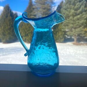 Vintage Hand Blown Blue Crackle Glass Small Pitcher Creamer Vase Handle 5” Tall